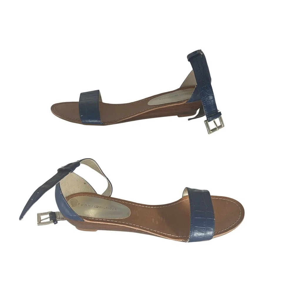 Tommy Hilfiger Wedge Sandals 9.5 Navy Blue Croc Embossed Ankle Strap TWMOLINA2-T